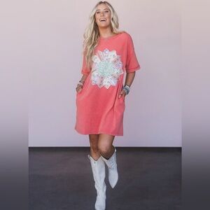 Easel T-Shirt Dress Size Small Patchwork Detailing With Pockets Sunflower Boho